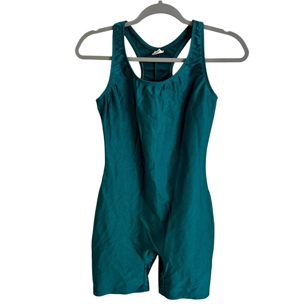 Vintage 80s The Body Co Medium Green Shiny Spandex Unitard Racerback Nylon USA